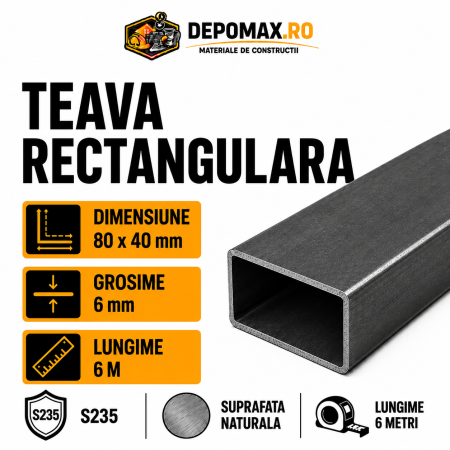 Teava rectangulara 80 x 40 x 6 mm, 6 metri